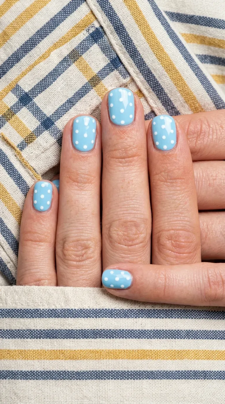 Close-up of manicured hand with short nails featuring small polka dot details