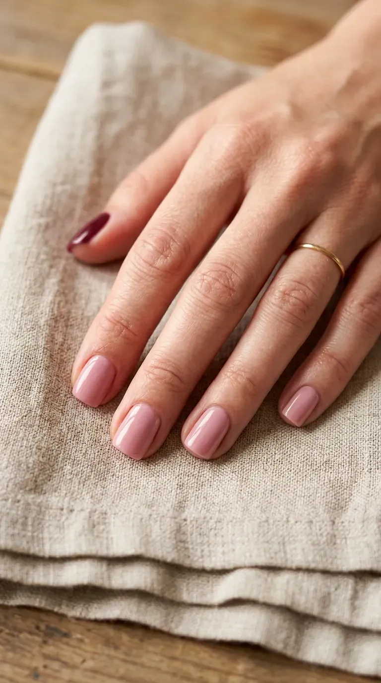 Close-up of manicured hand with short nails featuring one differently colored accent nail