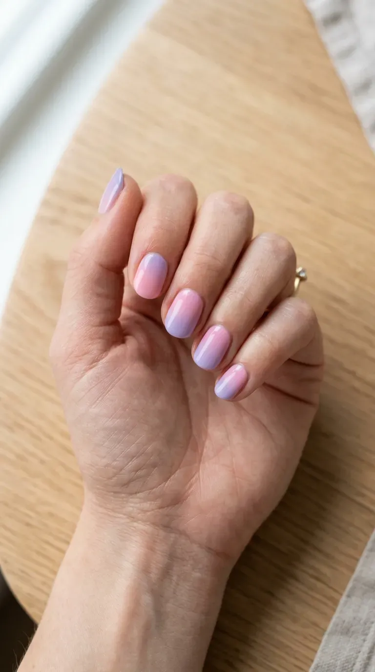 Close-up of manicured hand with short nails featuring a soft color gradient across the whole hand