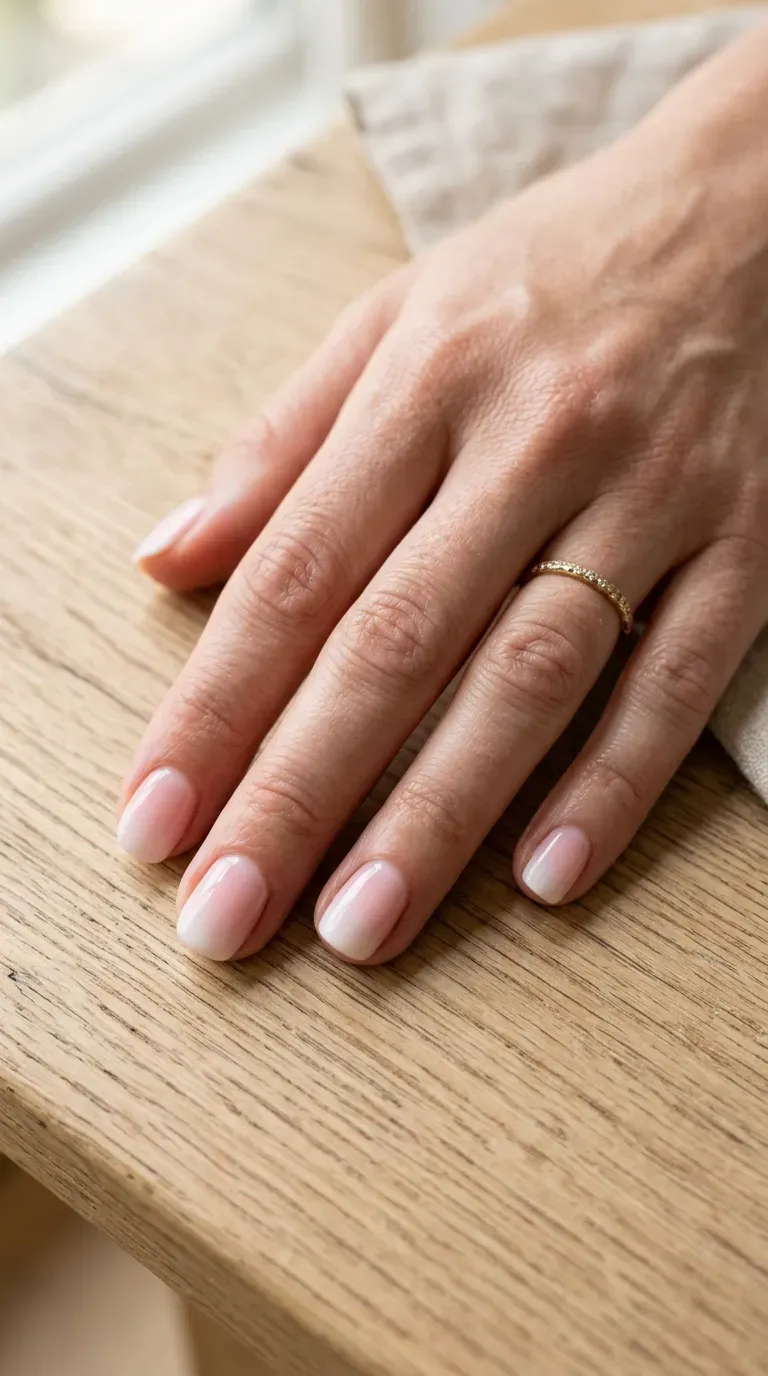 Close-up of manicured hand with short nails featuring a soft ombre gradient design
