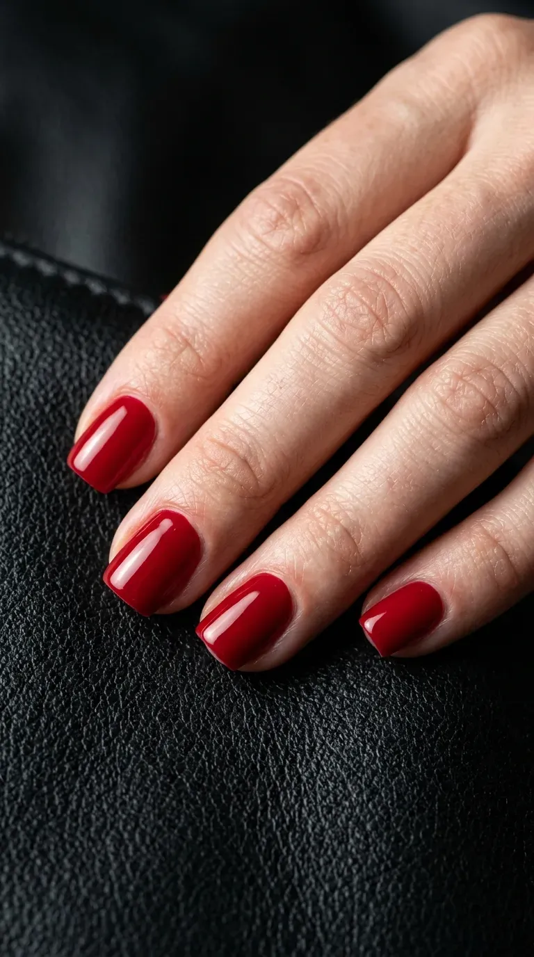 Close-up of manicured hand with short nails featuring a solid bold red color
