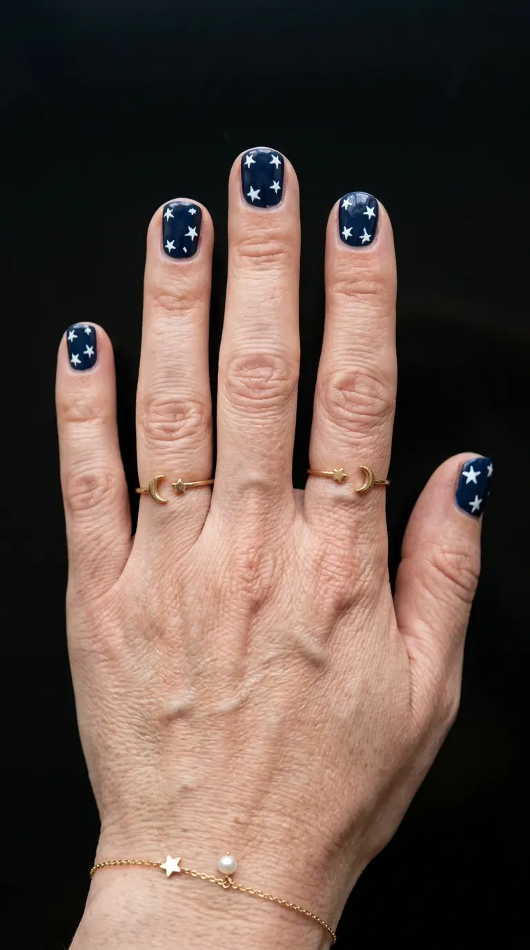 Close-up of manicured hand with short nails featuring small hand-painted star accents