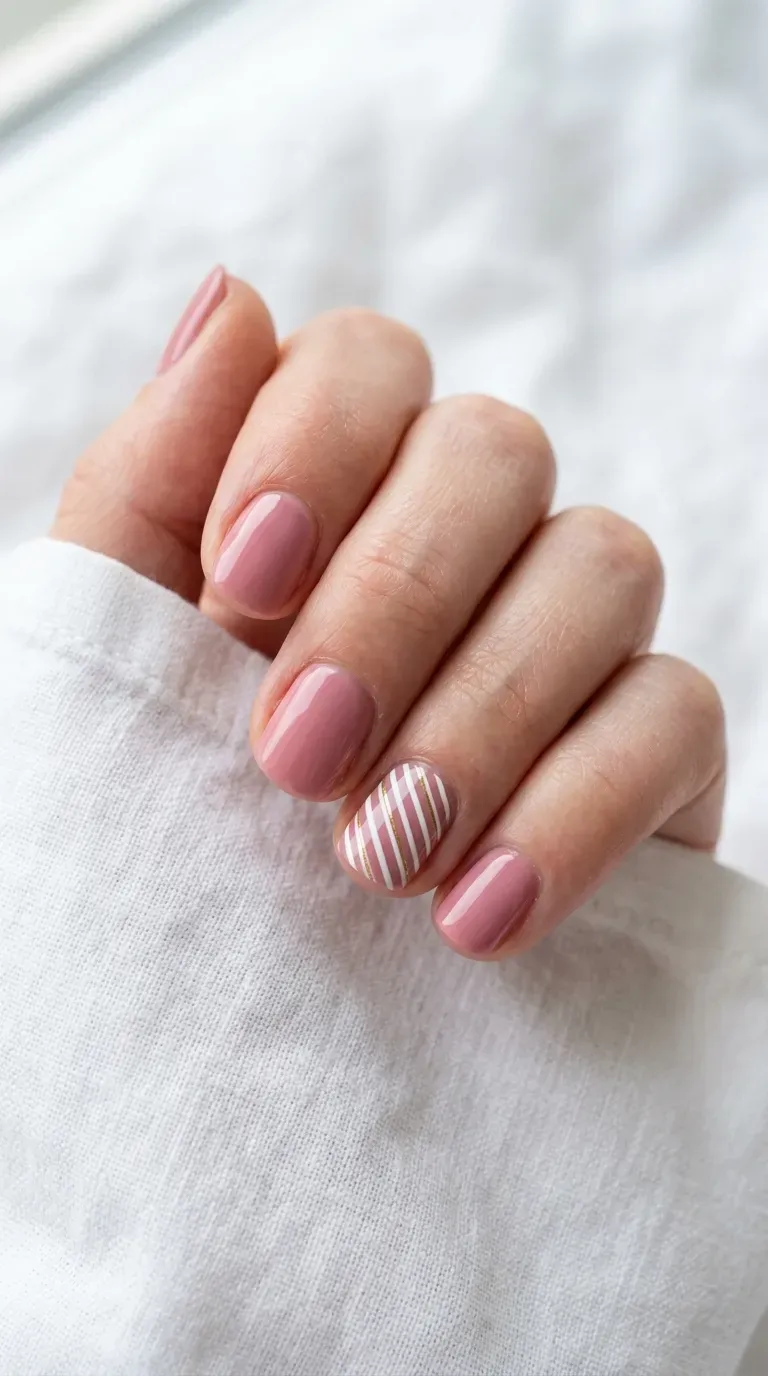 Close-up of manicured hand with short nails featuring a single striped accent nail