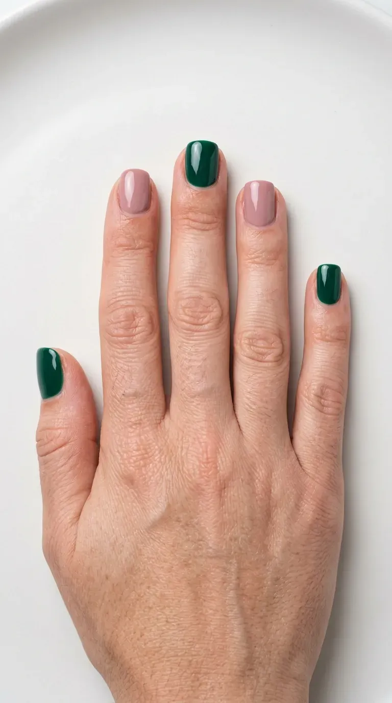 Close-up of manicured hand with short nails featuring alternating two-tone color block design