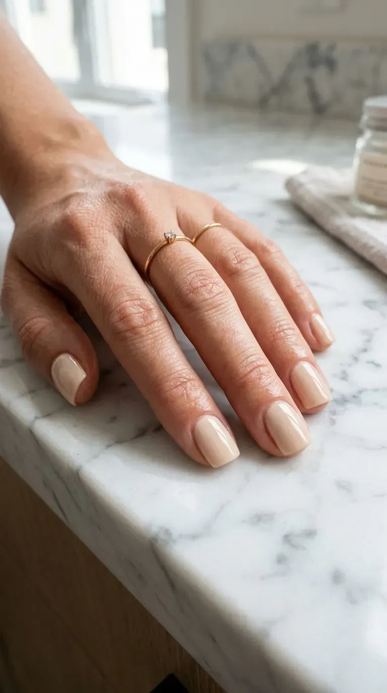 Close-up of manicured hand with glossy nude polish on short square nails
