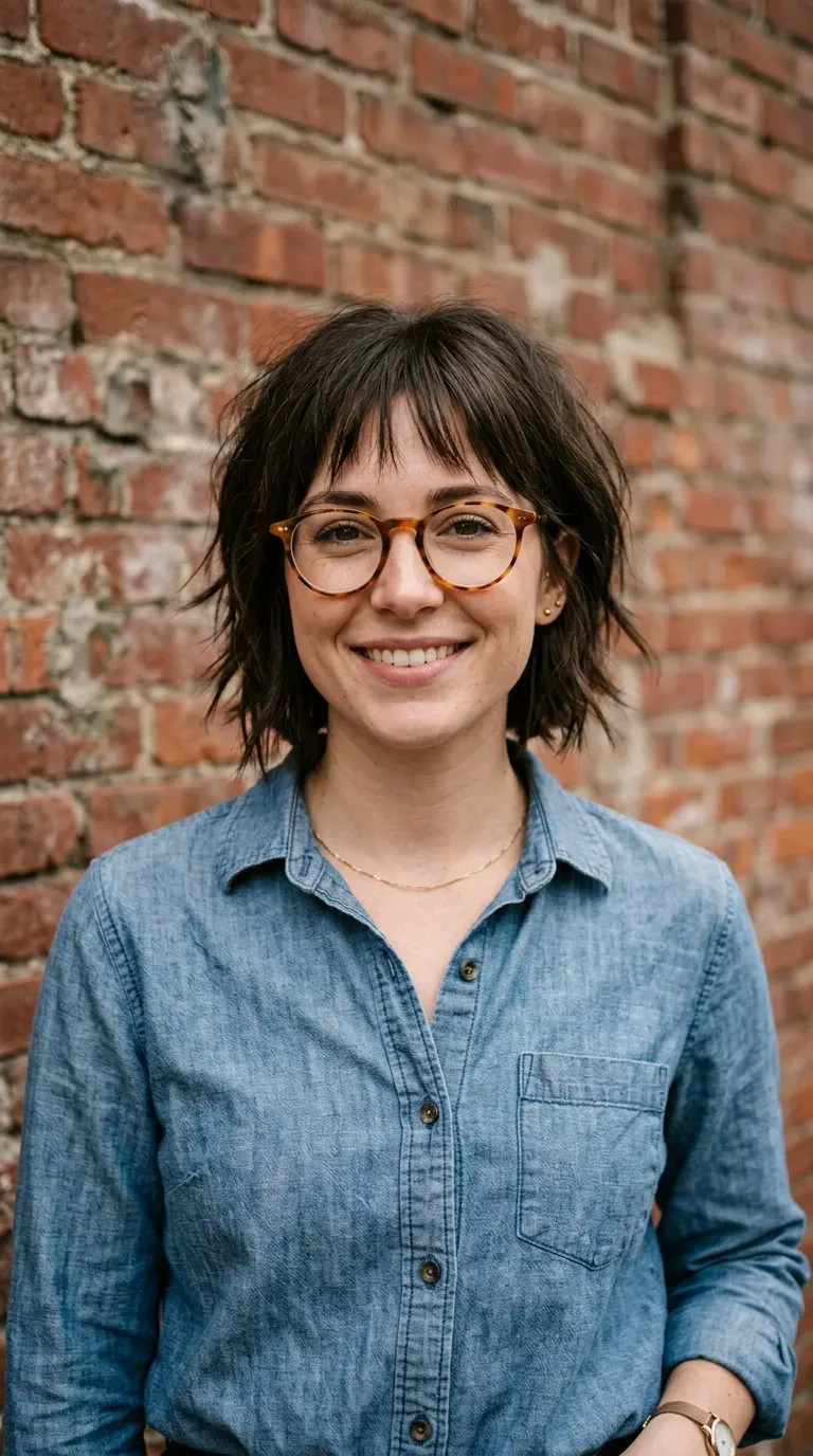 Woman with a textured choppy bob featuring thin, see-through bangs