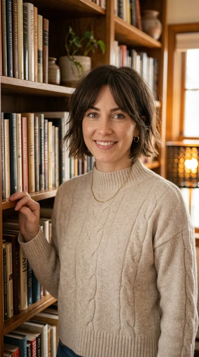 Woman with a choppy bob and long curtain bangs parted at the center